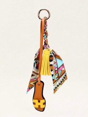 Keychain/Bag Charm Silk Scarf, Yellow Leather Tassel & Hermes-Inspired Sandle